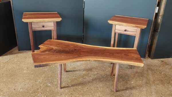 Two walnut end tables and one walnut coffee table