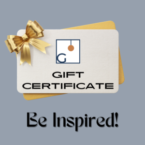 Image of gift certificate with gold bow that has Grand Inspired logo and reads "gift certificate" on gray background. Text under image of gift certificate says "Be Inspired!"