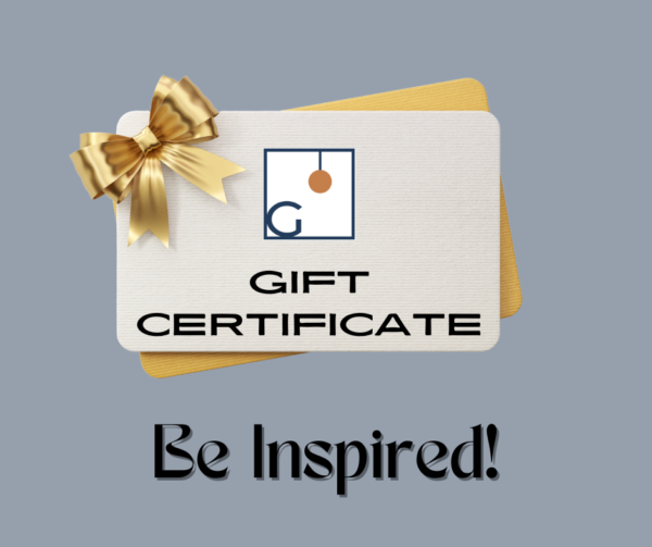 Image of gift certificate with gold bow that has Grand Inspired logo and reads "gift certificate" on gray background. Text under image of gift certificate says "Be Inspired!"